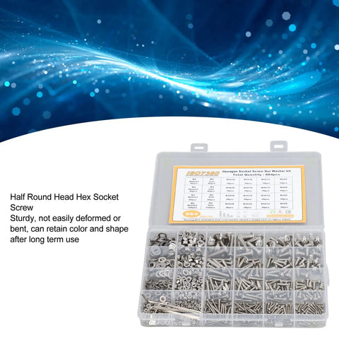 Massive 884 Piece Screw Nut Washer Wrench Kit With M2 M3 M4 M5 Half Round Head Screws Nuts Washers And 4 Hex Wrenches visible in case