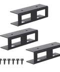 Three black steel mounting brackets with screws for Super Tight Black Steel Laptop Stand With Storage Tray For Sick Desk Setup.