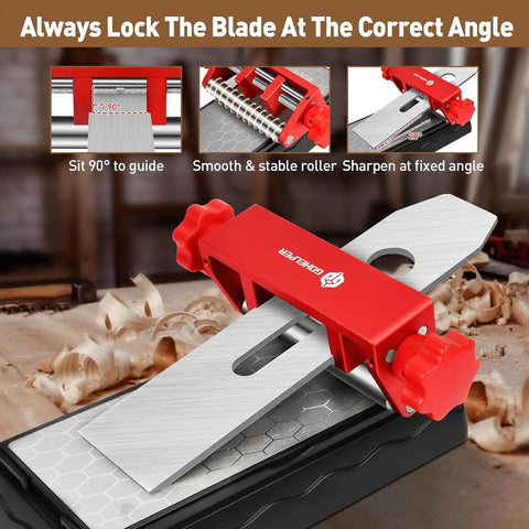 Chisel Sharpening Jig And Wood Honing Guide With Adjustable Angle Fixture And Dual Sharpening Stones For Crisp Bevels On Shop Tools You Gotta Keep Sharp As A Tack, with red adjustable clamp and sharpening roller.