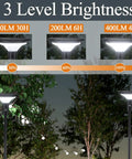 Solar Powered Outdoor Floor Lamp for Patio and Garden with three brightness modes, showing different light intensities at night