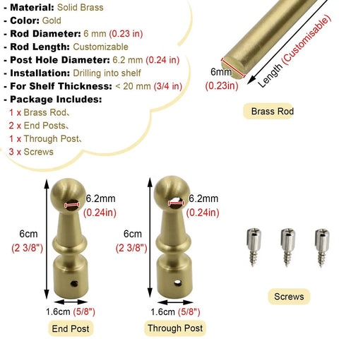 Heavy Duty Solid Brass Floating Shelf Brackets Rock Slick Wall Mount Rail Kit With Adjustable Support System built tough 6mm brass rod with end and through posts.