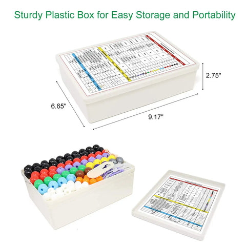 Hands On Molecular Model Kit With 444 Pieces For Organic Chemistry Atoms And Bonds C60 Included Build Realistic Molecular Structures STEM Learning Kit For Teachers Students And Young Scientists plastic storage box with measurement details