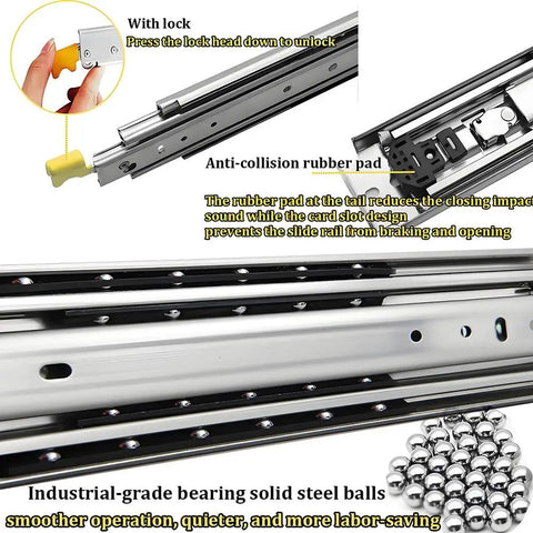 Beefy Heavy Duty 40 Inch Drawer Slides With 500 Pounds Capacity Locking Ball Bearing Rails showing locking mechanism and features