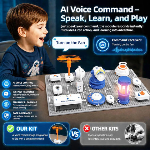 Science Kit For Kids Electronics Circuit Exploration Toy With 66 Pieces Includes Lights Fans Rockets And More Hands On STEM Learning That Sparks Creativity And Builds Real World Tech Skills For Curious Young Makers., child using voice control circuit kit with fan, lights and power modules