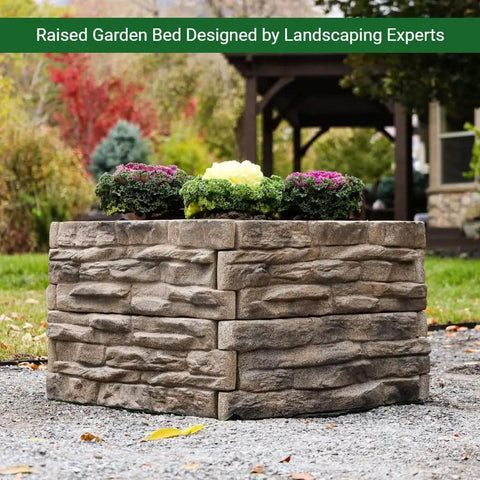 Raised Garden Bed Kit With Ledgestone Panels That Snap Together In 8 By 24 Inch Natural Look Stone Pattern Durable Polyurethane 6 Pack For Custom Shaped Garden Beds And Easy Landscaping installed outdoors
