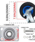 Heavy Duty Rubber Caster Wheels Set Of Four With Reliable Parking Brakes And True 360 Swivel Plates For Rolling Tool Boxes and Home Furniture, 8in diameter, steel top plate.