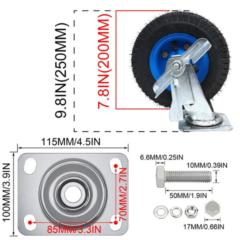 Heavy Duty Rubber Caster Wheels Set Of Four With Reliable Parking Brakes And True 360 Swivel Plates For Rolling Tool Boxes and Home Furniture, 8in diameter, steel top plate.