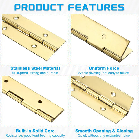 Heavy Duty Piano Hinge 36 Inch Long 2 Inch Wide Stainless Steel Continuous Door Hardware With Screws Gold Tone Finish for cabinets, features close-up of hinge material.