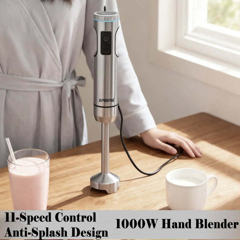 Kickass Handheld Immersion Blender With 1000W Brushless Motor And 11 Speeds Anti Splash Design Plus Stainless Steel Blades on kitchen table.