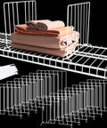 Twenty Pack Wire Closet Shelf Dividers With 100 Nylon Ties, 12 Inch Vertical Organizers on wire shelving with towels.