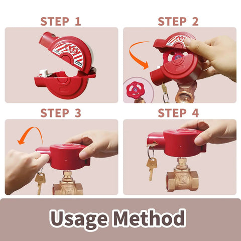 Installation steps for Universal Gate Valve Lockout For Outdoor Faucets And Spigots, Hose Bib Lock device, shown on faucet handle.