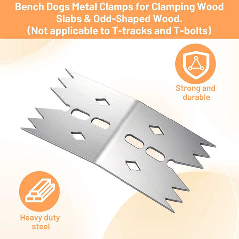 Heavy Duty Stainless Steel Bench Dogs Kit with sharp-edged clamp detail, used for router sleds and panel flattening projects