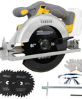 Real Deal Cordless Circular Saw Featuring A Beefy Eight Thousand RPM Motor And No Frills Bare Tool Build Designed Tough for wood cutting, includes blades, safety glasses, gloves, and tool.