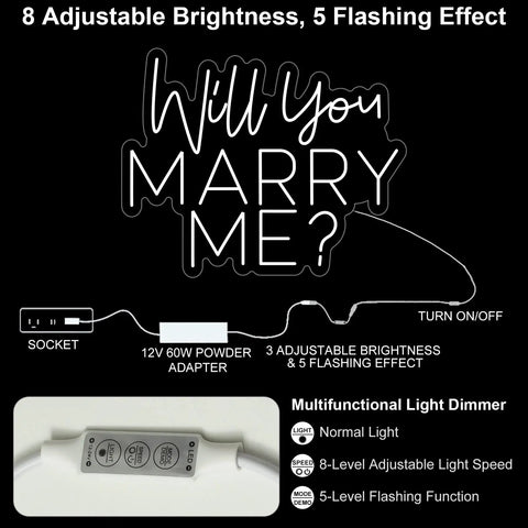 Diagram of Will You Marry Me Neon Sign LED Proposal Light With Acrylic Backboard features dimmer and adjustable effects.