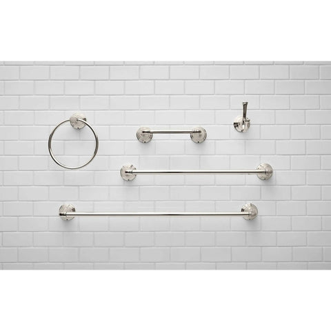 Delancey Pivoting Wall Mount Toilet Paper Holder In Polished Nickel With Concealed Mounting No Visible Screws, shown with matching bathroom accessories.