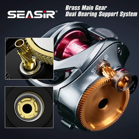 Close-up of DCast Baitcaster Reel With Digital Control System showing brass gear and dual bearing in grey and red finish.