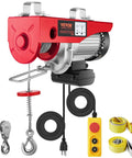 VEVOR electric hoist with 880 lb capacity, red housing, 110V, 14 ft wired remote, includes hooks and straps