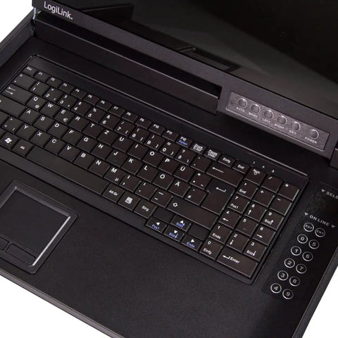 Top Shelf 17 Inch HD LCD KVM Console With 8 Port Switch, VGA USB And PS2 Ports, Integrated Keyboard And Mouse close-up keyboard view
