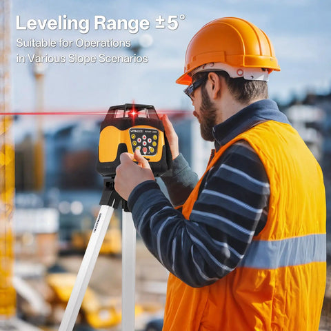Heavy Duty Self Leveling Rotary Laser With 2000 Ft Range And Built Like A Tank IP66 Waterproof Rating being used on a worksite.
