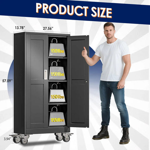 61 Inch Tall Metal Garage Storage Cabinet With Rolling Tool Cabinet Locking Two Doors And Wheels, shown with shelves open