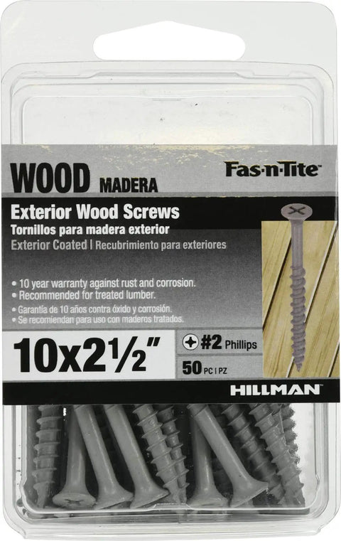 Pro Level Kickass Exterior Deck Screws Fifty Count Ten By Two And A Half Inch Phillips Fasteners With Gray Ceramic Finish in packaging.