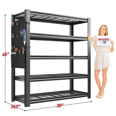 Heavy Duty Garage Shelving Unit 2500 Lbs Total Load, 5 Tier Metal Shelves With Tool Storage Bag, 38 x 66 x 15.7 in