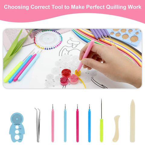 Hand using slotted pen from All In One 9 Piece Slotted Quilling Tool Set For Beginners To Pros, crafting red paper coils on design.
