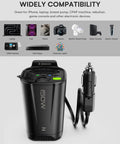 Heavy Duty 150W Car Power Inverter That Smoothly Converts 12V DC To 110V AC Featuring Two AC Outlets Dual 30W PD USB Ports And Reliable Laptop Power For No Sweat Road Trips, showcasing multiple compatible devices.