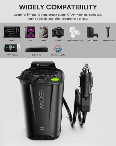 Heavy Duty 150W Car Power Inverter That Smoothly Converts 12V DC To 110V AC Featuring Two AC Outlets Dual 30W PD USB Ports And Reliable Laptop Power For No Sweat Road Trips, showcasing multiple compatible devices.