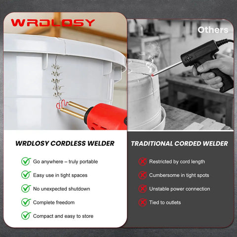 Comparison of WRDLOSY Cordless Plastic Welder Kit With 2600mAh Battery USB C Fast Charge and traditional corded welder.