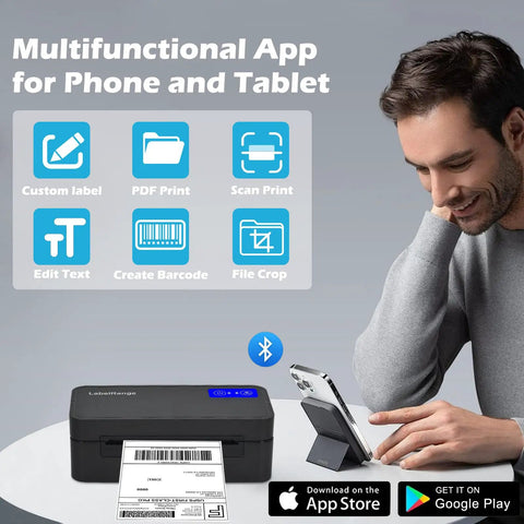 Image showing a man using his phone with a Bluetooth Thermal Label Printer for Mac Windows and Mobile Devices next to him.