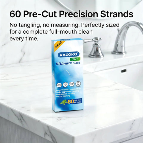 3 In 1 Floss For Braces And Bridges With 120 Pre Cut Strands, Easy Glide Precision Clean featured on bathroom counter.