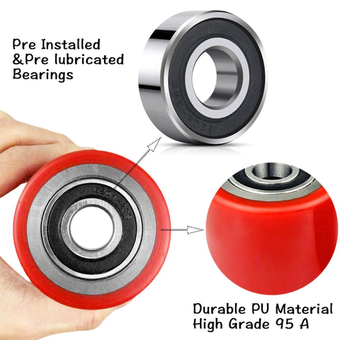 Heavy Duty Pallet Jack Wheel Replacement Kit With PU Tread 3 By 3.75 Inches Preinstalled Bearings 20mm ID close-up