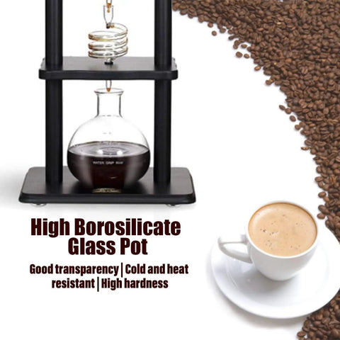 Handcrafted Glass And Wood Cold Brew Coffee Maker With Advanced Slow Drip Technology For Smooth Iced Coffee Sips Large 32 Ounce Capacity, featuring borosilicate glass pot and black wooden frame.