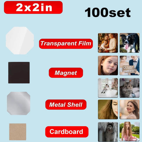 Bulk Square Magnet Maker Kit For DIY Projects 2x2 Inch 50x50mm Cardboard Backing Includes Magnets Metal Casing Protective Film shown
