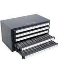 Five Drawer Steel Tap Dispenser Cabinet With Sixty Compartments Holds Tap Sizes From 2 56 To 12 28, stackable gray cabinet with open drawers