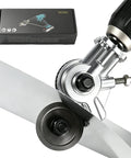 Close-up of Upgraded Heavy Duty Metal Nibbler Drill Attachment With Seven Piece Kit for precise sheet cutting tool.