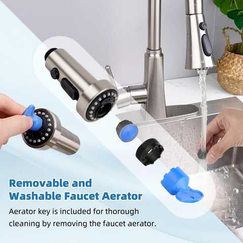NSF ANSI CAN 61 CUPC Certified Pull Down Kitchen Faucet Head Replacement With 3 Function Sprayer And 15 Adapters in use