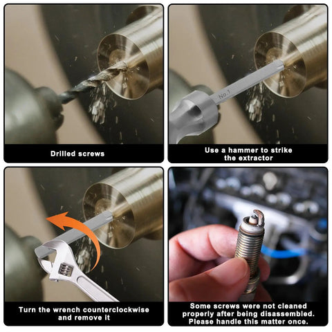 Steps to use 5 Piece Bolt Extractor Set For Damaged Screws And Broken Bolts, Straight Fluted Square Type Screw Extractors In 5 Sizes