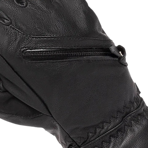 Close-up of zipper detail on X Cell Under Gloves For Men Waterproof Breathable Insulated All Weather Winter Snow Leather Shield Gloves With Handy Heat Pocket Triplex Insulation Black Size Small.