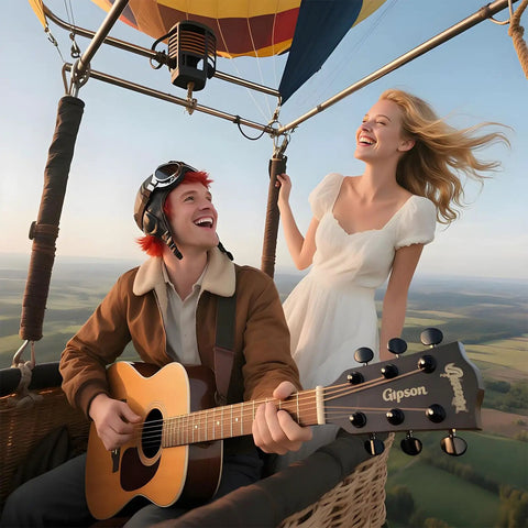 Two people smiling in a hot air balloon with a person playing a guitar labeled 'Gipson', open sky view.