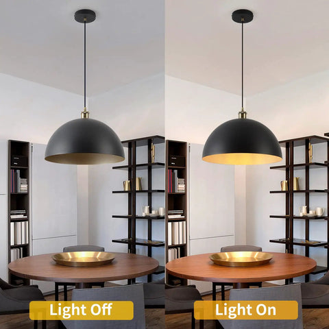 Dope Retro Industrial Dome Pendant Light In Matte Black With Gold Interior, 15.74 Inch Wide, light off and on view over dining area