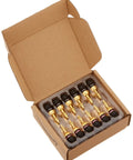Straight Up Reliable 24K Gold Plated Banana Plugs Speaker Wire Connectors in open cardboard box, 12 pairs ready for use.