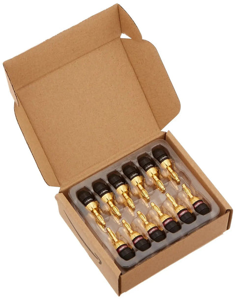Straight Up Reliable 24K Gold Plated Banana Plugs Speaker Wire Connectors in open cardboard box, 12 pairs ready for use.