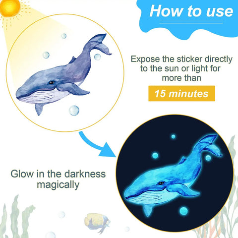 Glow In The Dark Under The Sea Wall Decals Set With Whale Design Illuminated After Sun Exposure for Nursery and Kids Rooms