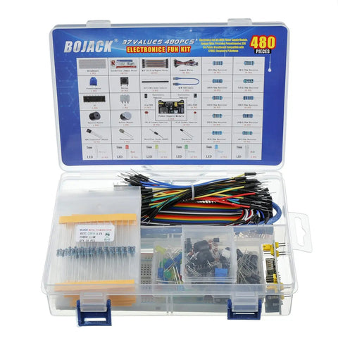 Totally Solid Electronics Component Kit With Power Supply Module And Jumper Wires, 480 Pcs visible in labeled transparent box