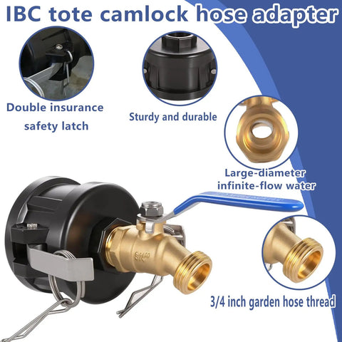 IBC Tote Hose Adapter Kit With 2 Inch Camlock Adapters For 275 And 330 Gallon Totes Includes 2 Coarse And 2 Fine Cam Groove Fittings Brass And Polypropylene Construction Converts To Three Quarter Inch Garden Hose Male Thread