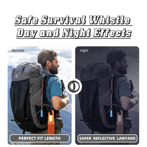 Emergency Whistle Set Four Pack Super Loud Survival Whistles with lanyards shown day and night on hiker's backpack