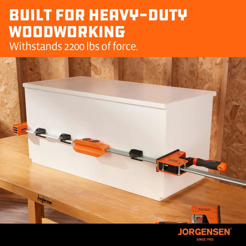 Parallel Clamp Extender For Cabinet Master Clamps, Beefy Aluminum Connector, 2200 Lb Capacity in use on white cabinet