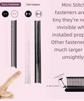 Comparison of mini stitch fasteners, showing small size and discreet installation, for No Sweat Stitch Gun For Clothes Handheld Fabric Tacker Kit.